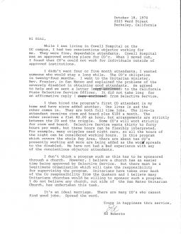 Follow-up letter from Ed Roberts describing the role of conscientious objectors 