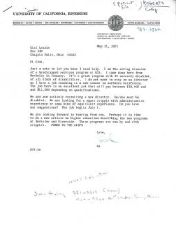 Letter from Ed Roberts to Gini Laurie, May 1971; PHI archives