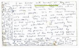Postcard from Ed Roberts to PHI founder Gini Laurie describing conscientious obj